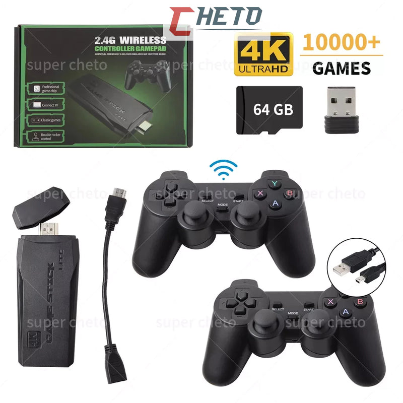 Videogame Stick 4K 64gb 2 Controles Sem Fio Console Portatil Jogos Retro Antigo