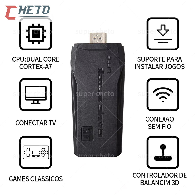 Videogame Stick 4K 64gb 2 Controles Sem Fio Console Portatil Jogos Retro Antigo