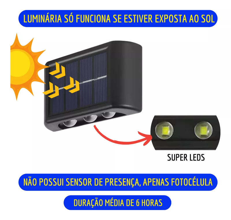 Kit com 4 Arandela solar 6 leds jardim escadas muros prova d